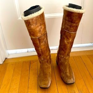 Paul Green Tall Boots-chestnut brown leather and ivory/natural shearling